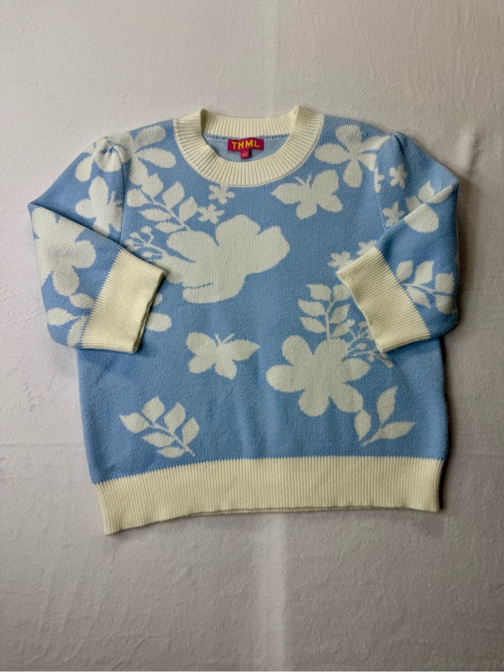 THML Women’s Large Blue & Ivory Floral Butterfly Puff Sleeve Knit Sweater Top - Picture 7 of 13